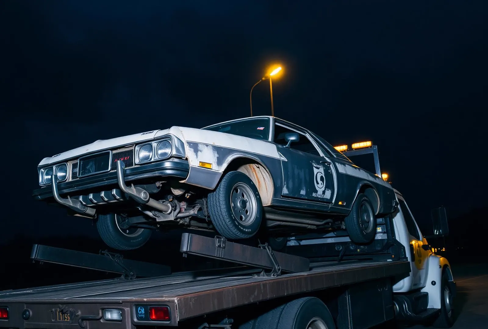 Junk car being loaded onto a tow truck at dusk